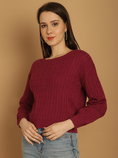 Acrylic Cable Patterned with Round Neck and Full Sleeves Pink Crop Sweater