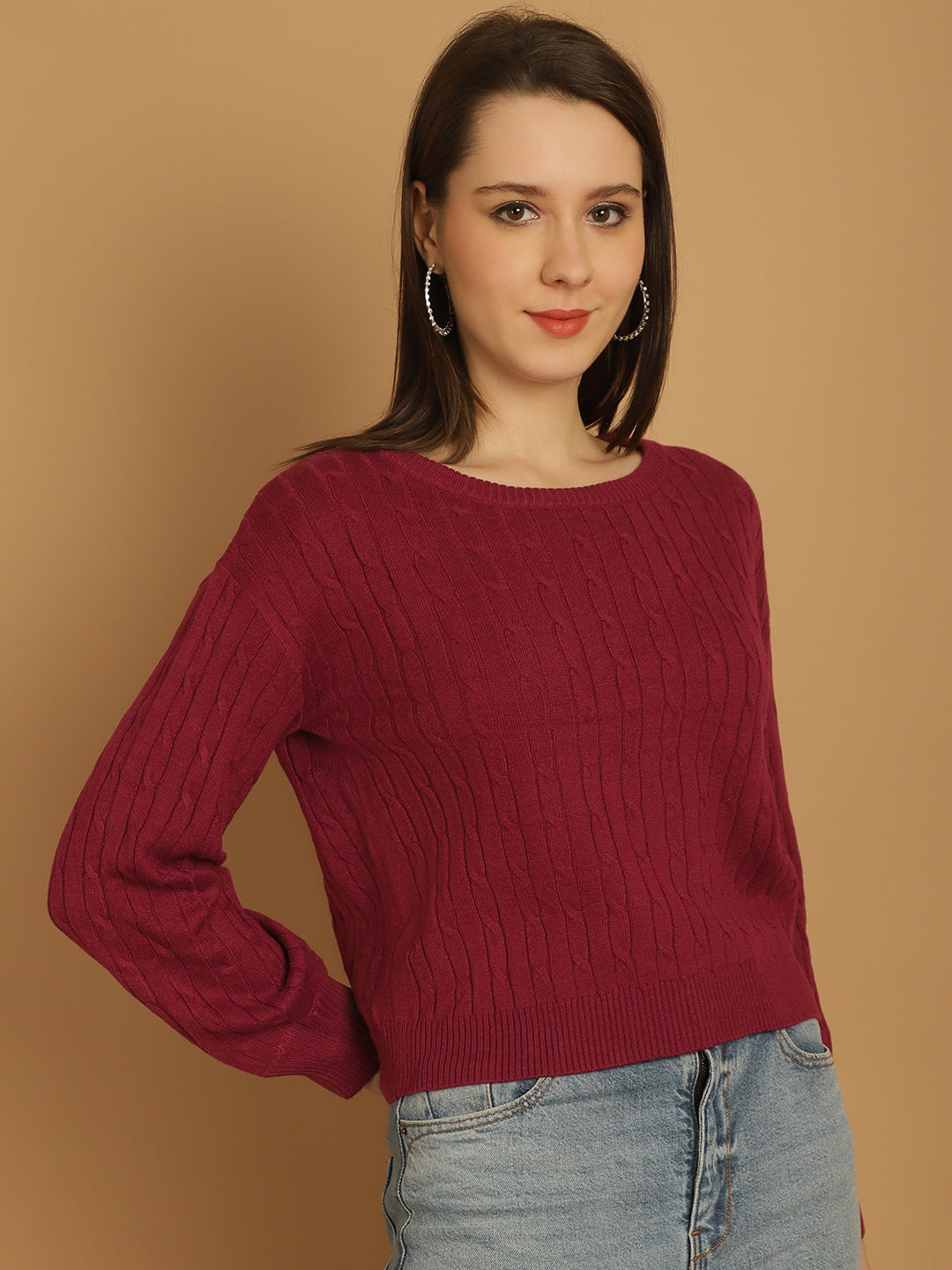 Acrylic Cable Patterned with Round Neck and Full Sleeves Pink Crop Sweater