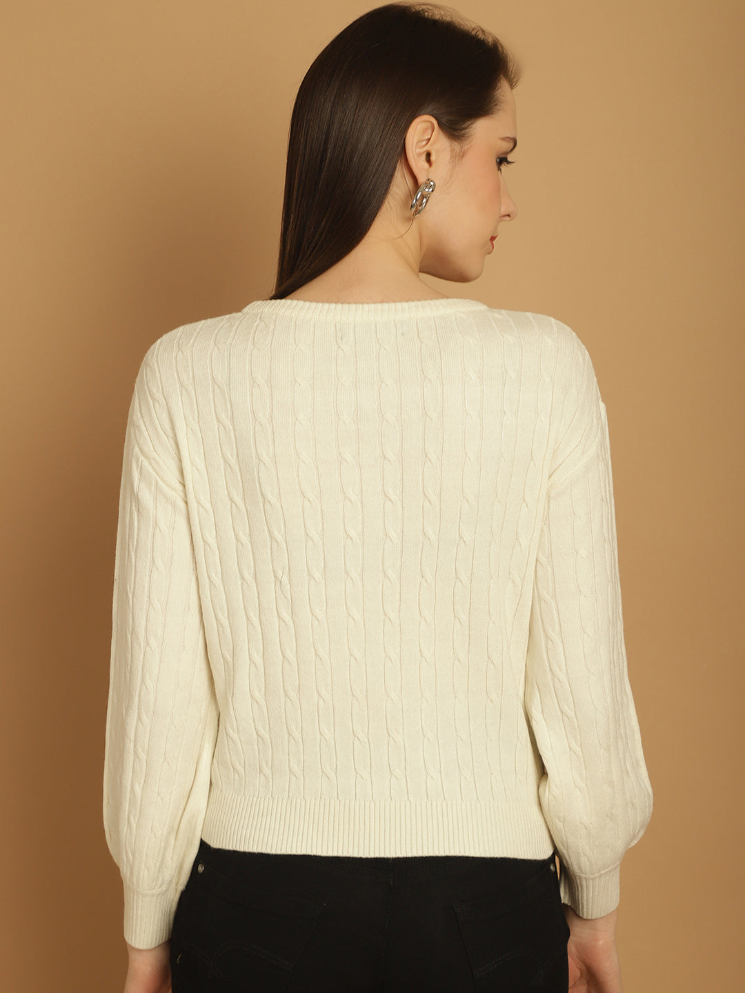 Cable Patterned with Round Neck and Full Sleeves White Crop Sweater