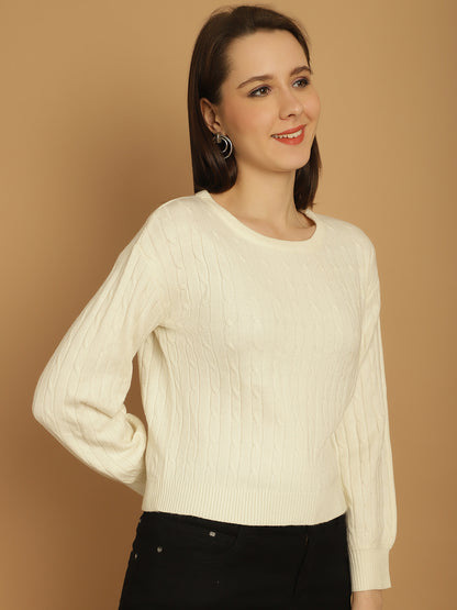 Cable Patterned with Round Neck and Full Sleeves White Crop Sweater