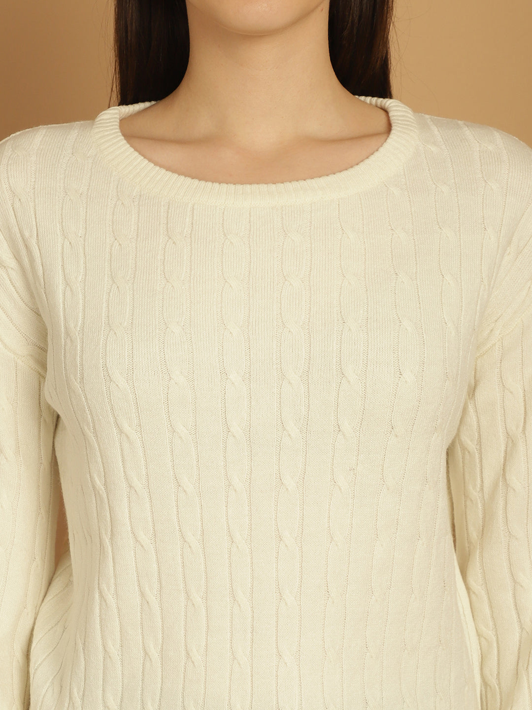 Cable Patterned with Round Neck and Full Sleeves White Crop Sweater