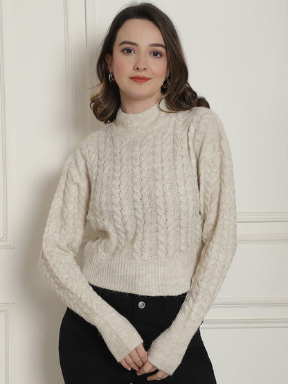 Acrylic Cable knit Round Neck Full Sleeve Light Beige Sweater