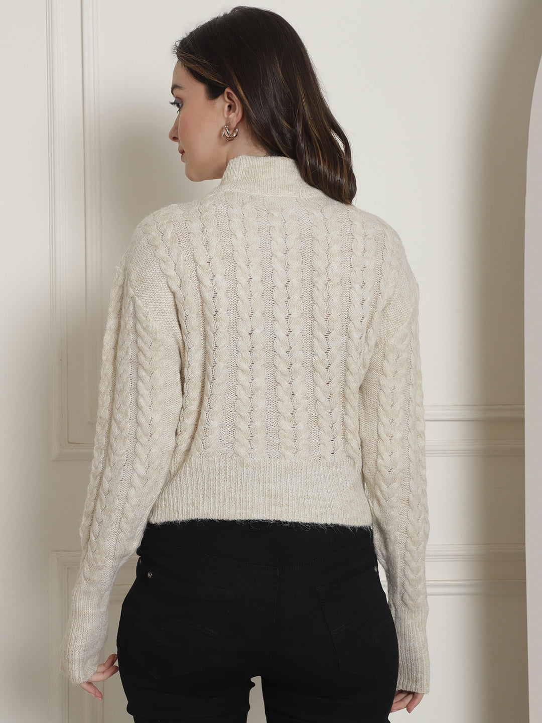 Acrylic Cable knit Round Neck Full Sleeve Light Beige Sweater