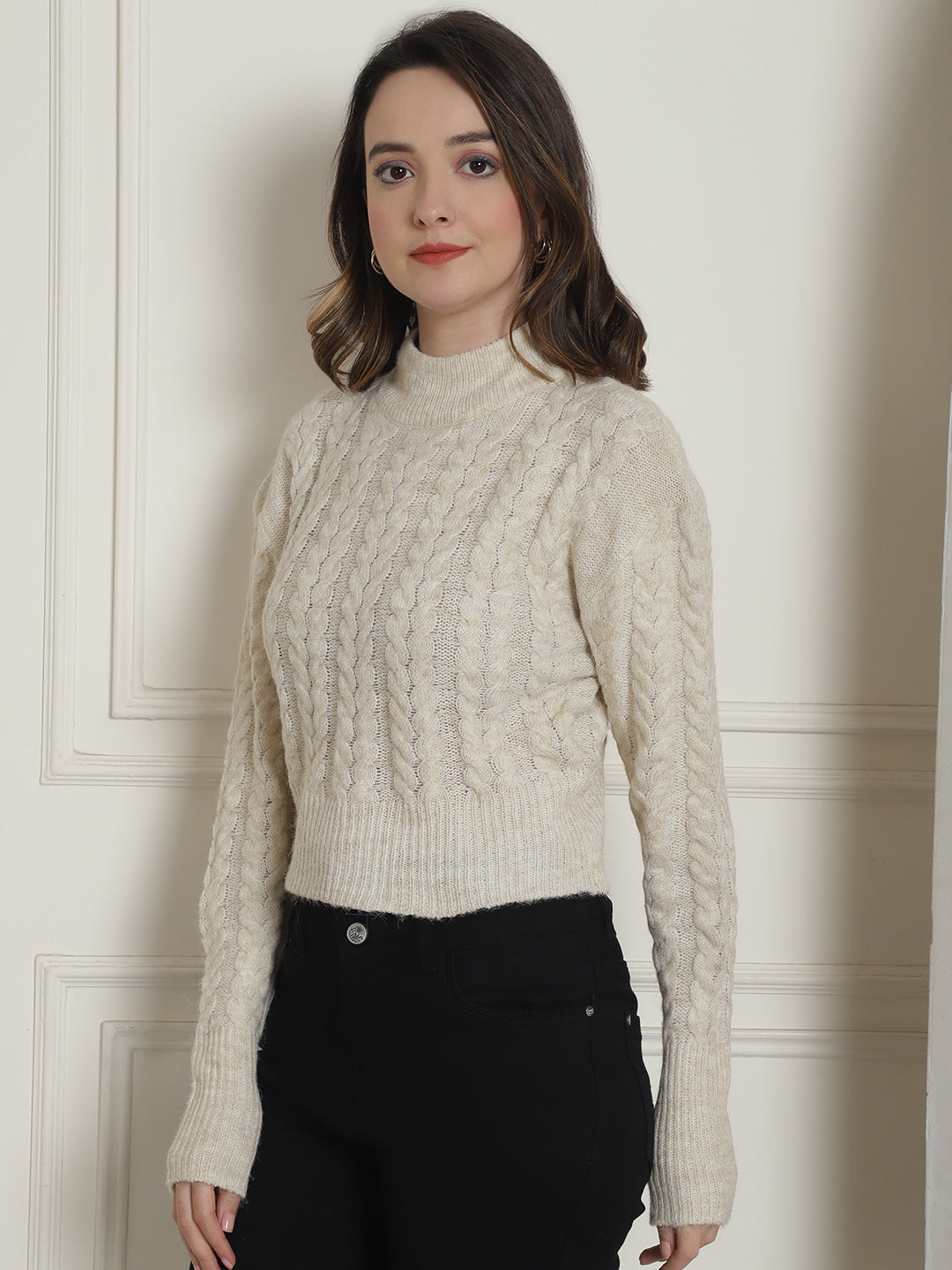 Acrylic Cable knit Round Neck Full Sleeve Light Beige Sweater