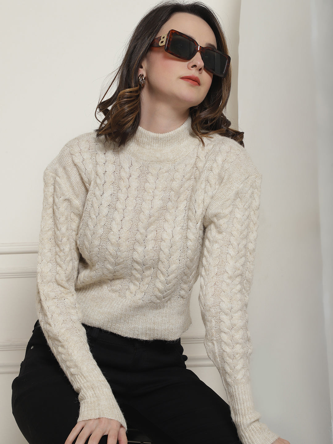 Acrylic Cable knit Round Neck Full Sleeve Light Beige Sweater