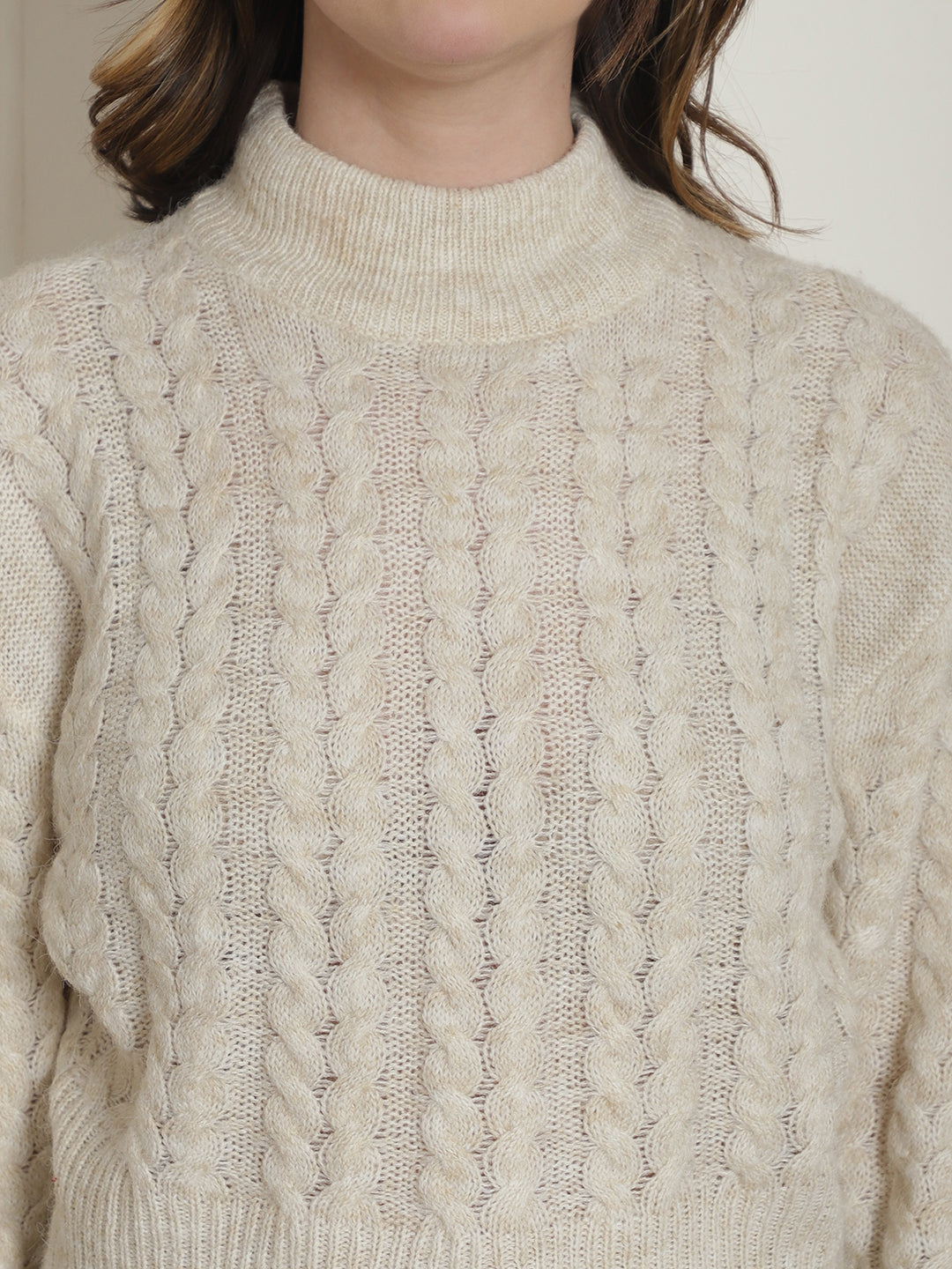 Acrylic Cable knit Round Neck Full Sleeve Light Beige Sweater