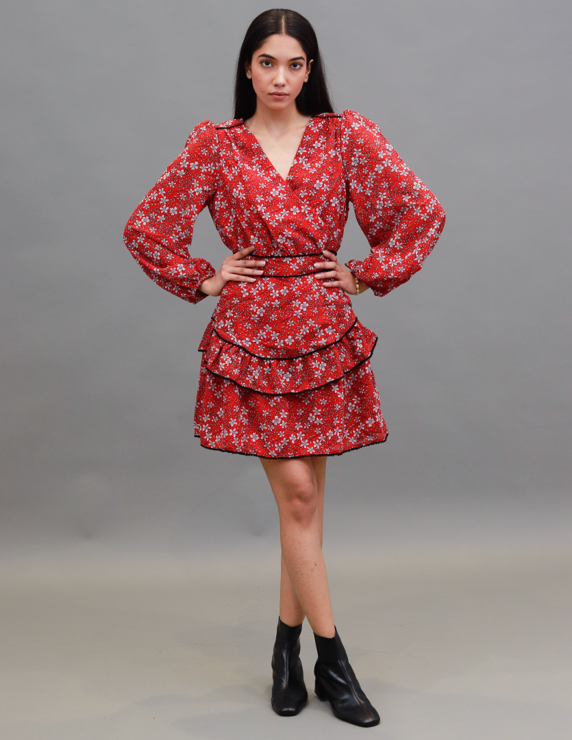 Polyester Fit and Flare Floral Print with V-Neck Red Dress