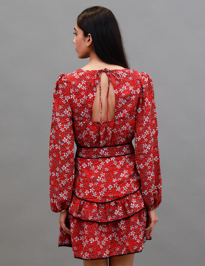 Polyester Fit and Flare Floral Print with V-Neck Red Dress