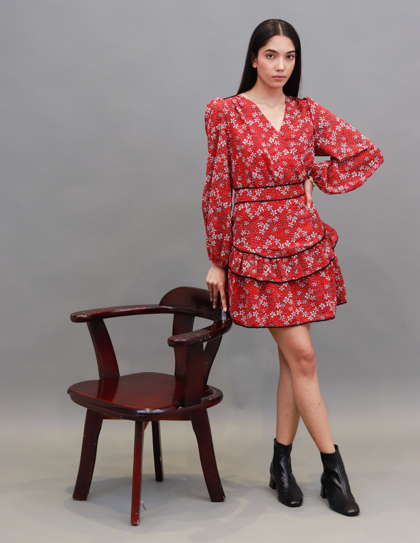 Polyester Fit and Flare Floral Print with V-Neck Red Dress