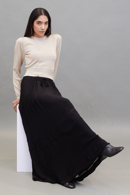 Rayon with Elastic waistband Long Summer Spring Fall Black skirt