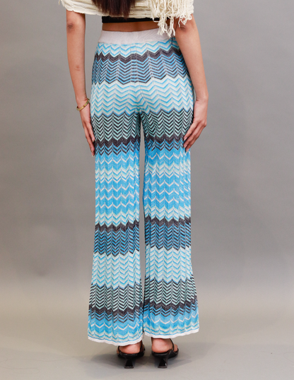 Viscose Elasticated Waistband Zigzag Print Straight Leg Blue Trousers