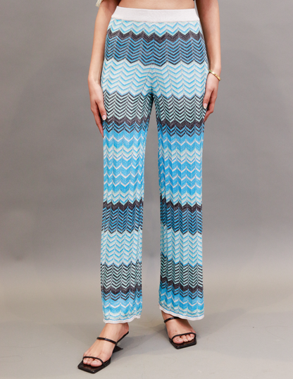 Viscose Elasticated Waistband Zigzag Print Straight Leg Blue Trousers