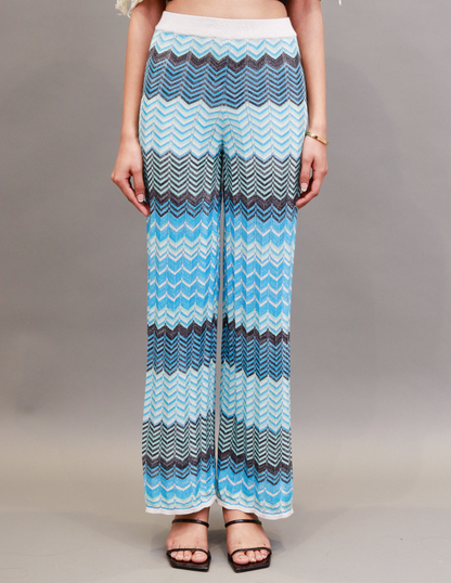 Viscose Elasticated Waistband Zigzag Print Straight Leg Blue Trousers