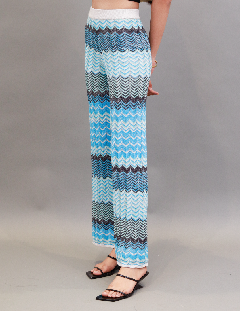 Viscose Elasticated Waistband Zigzag Print Straight Leg Blue Trousers