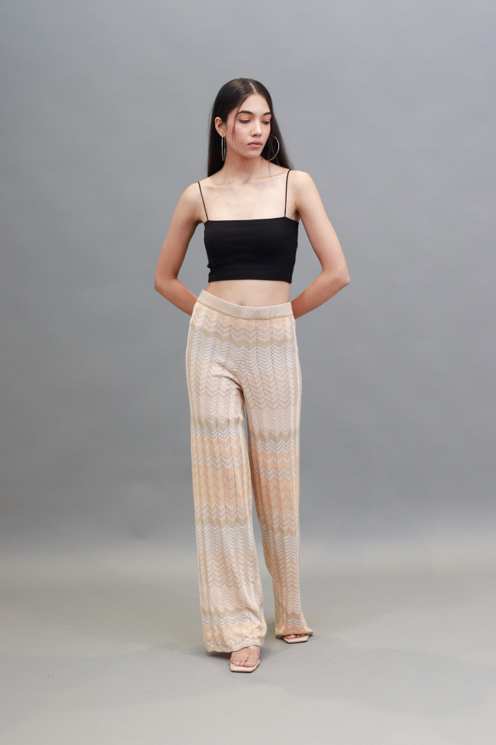 Viscose Elasticated Waistband Zigzag Print Straight Leg Golden Trousers