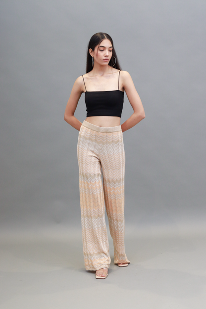 Viscose Elasticated Waistband Zigzag Print Straight Leg Golden Trousers