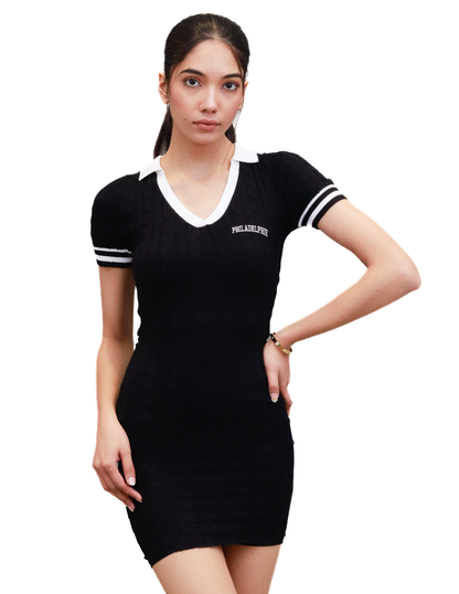 Viscose Short Sleeve with Solid Collar Polo Mini Black Dress