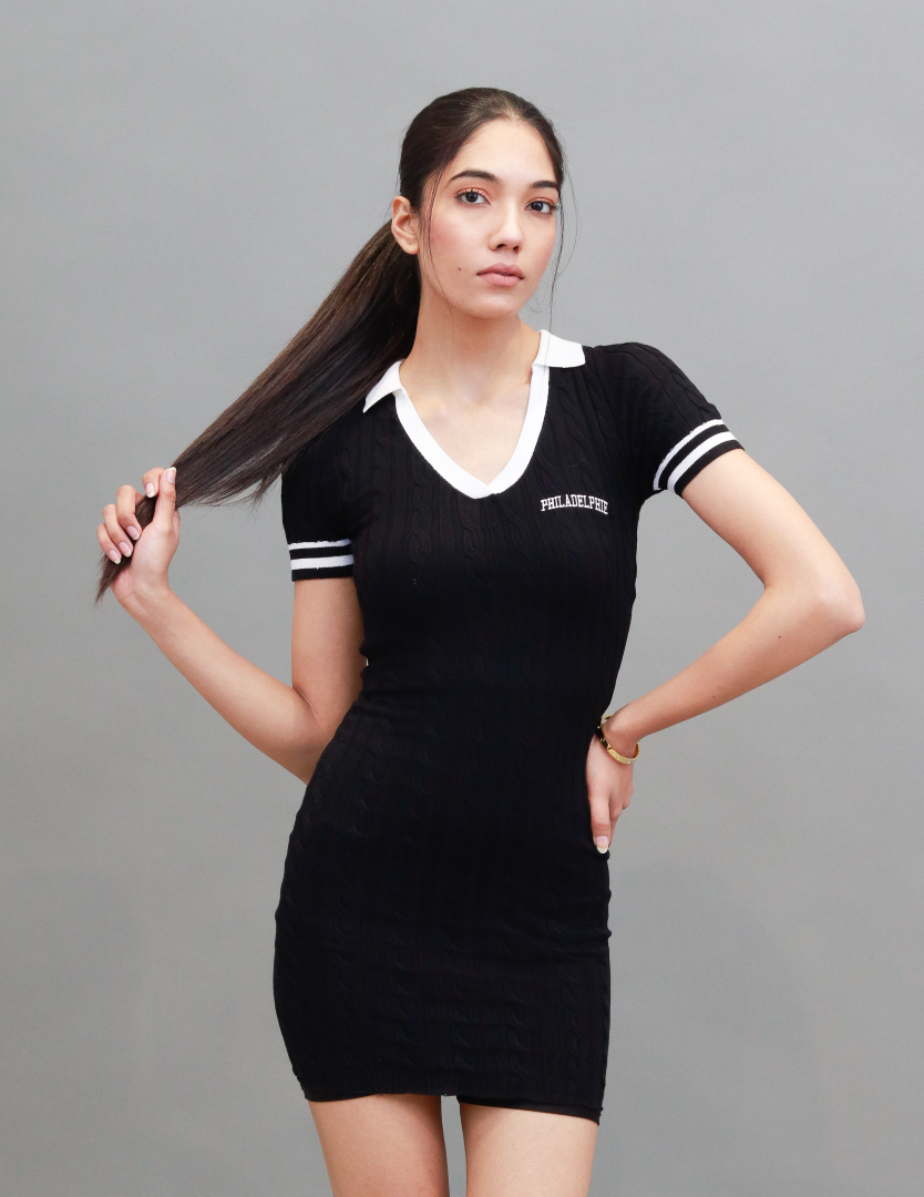 Viscose Short Sleeve with Solid Collar Polo Mini Black Dress