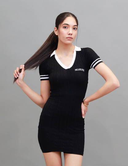 Viscose Short Sleeve with Solid Collar Polo Mini Black Dress