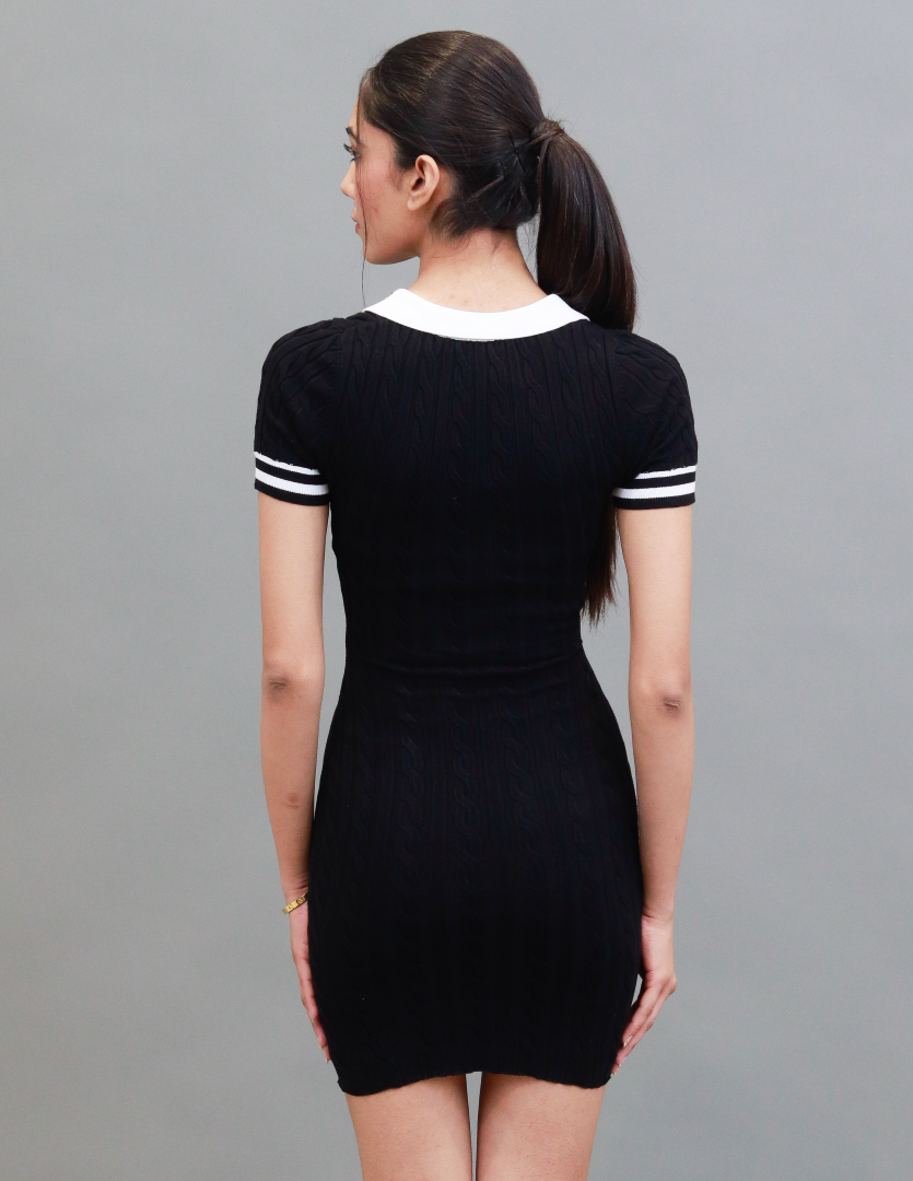 Viscose Short Sleeve with Solid Collar Polo Mini Black Dress