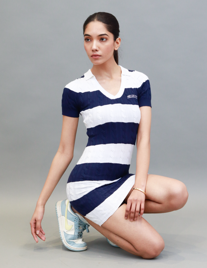 Viscose Short Sleeve with Striped Collar Polo Mini Blue Dress