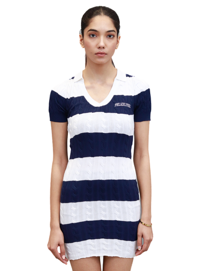 Viscose Short Sleeve with Striped Collar Polo Mini Blue Dress