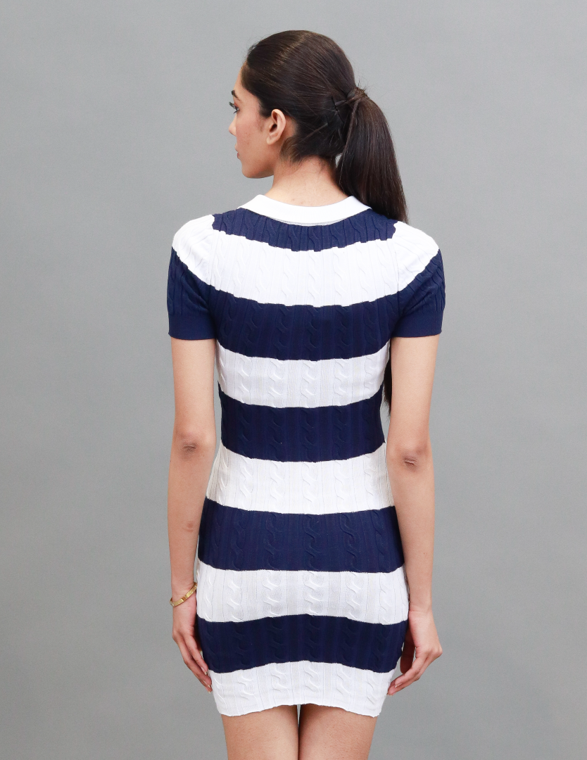 Viscose Short Sleeve with Striped Collar Polo Mini Blue Dress