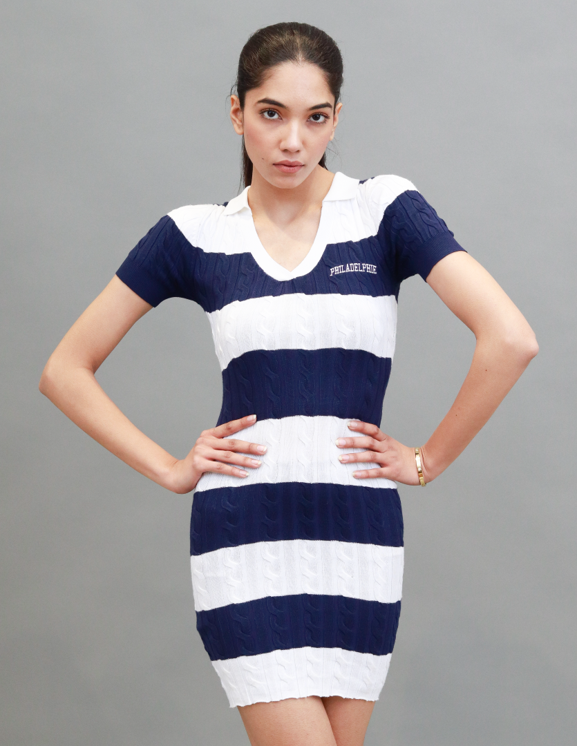 Viscose Short Sleeve with Striped Collar Polo Mini Blue Dress