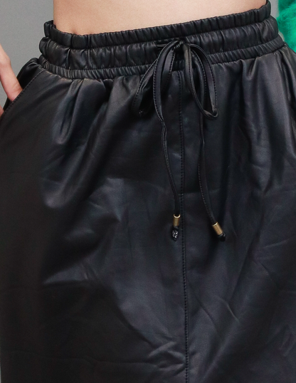 Faux Leather Solid office/Casual wear Mid Length Black Skirt