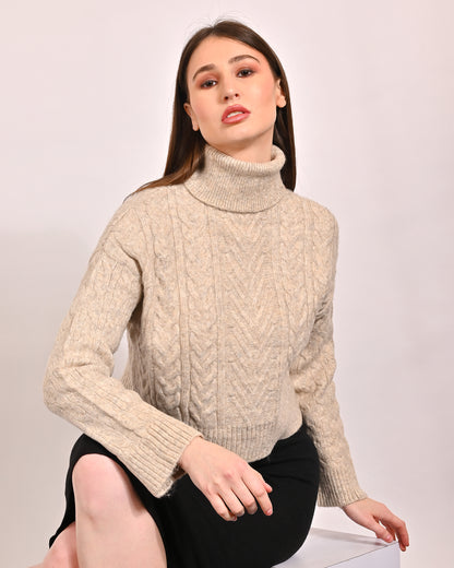 Acrylic Full Sleeve with Classic Cable knit Beige Sweater