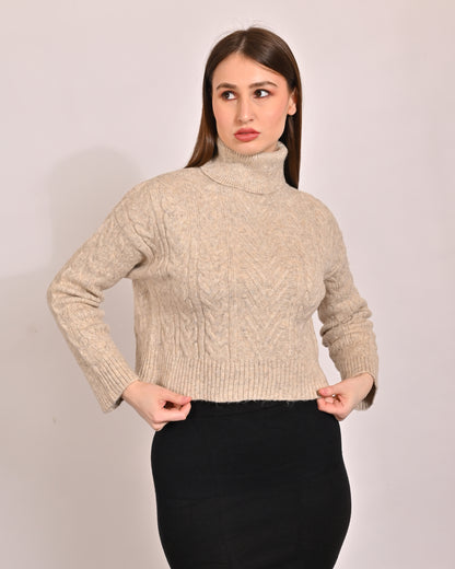 Acrylic Full Sleeve with Classic Cable knit Beige Sweater