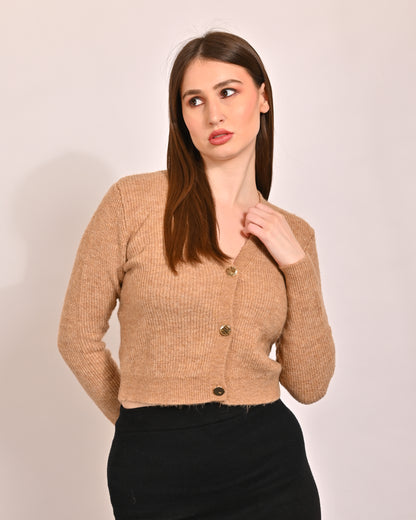 Acrylic Full Sleeve with V-Neck Brown Cardigan