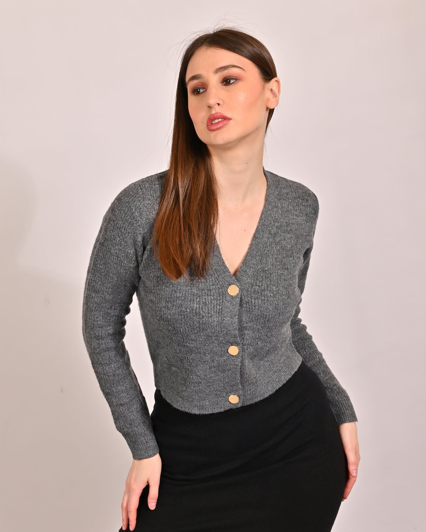 Acrylic Full Sleeve with V-Neck Grey Cardigan