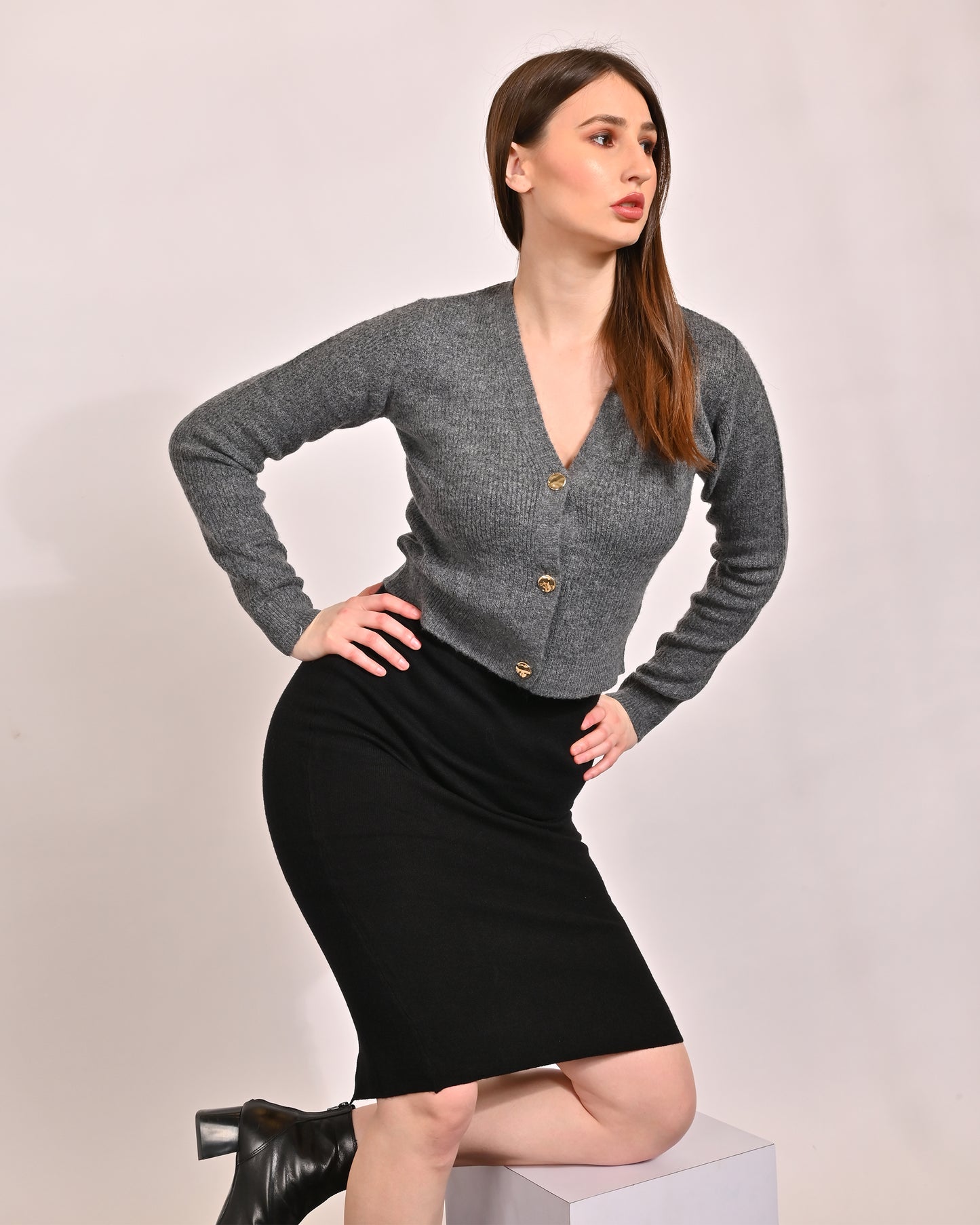 Acrylic Full Sleeve with V-Neck Grey Cardigan