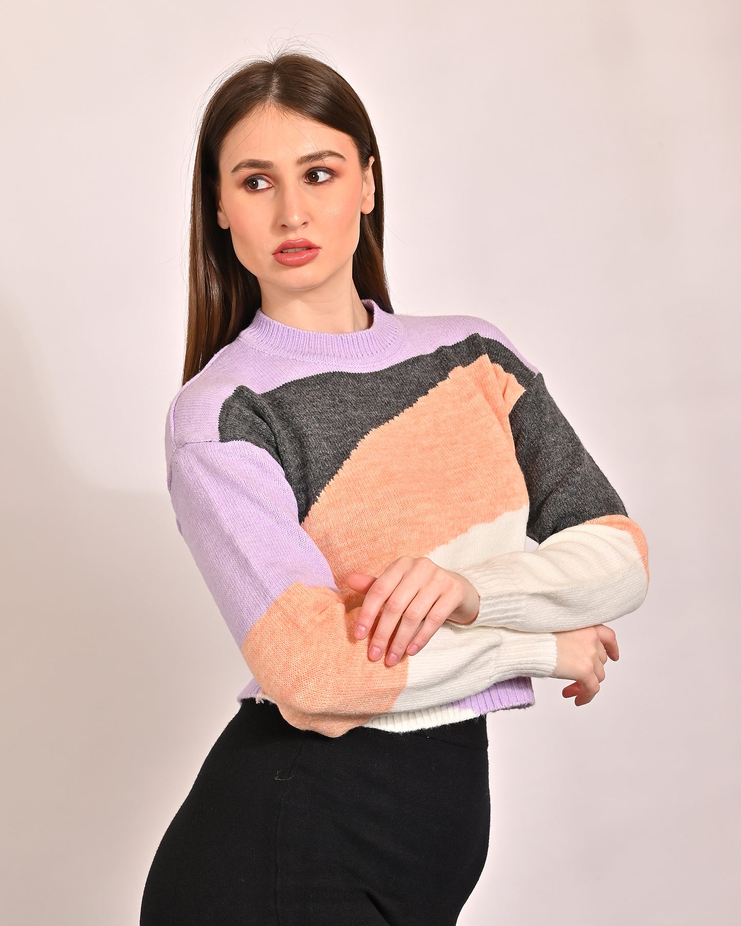 Polyester Full Sleeve with Crew Neck Colourblocked sweater