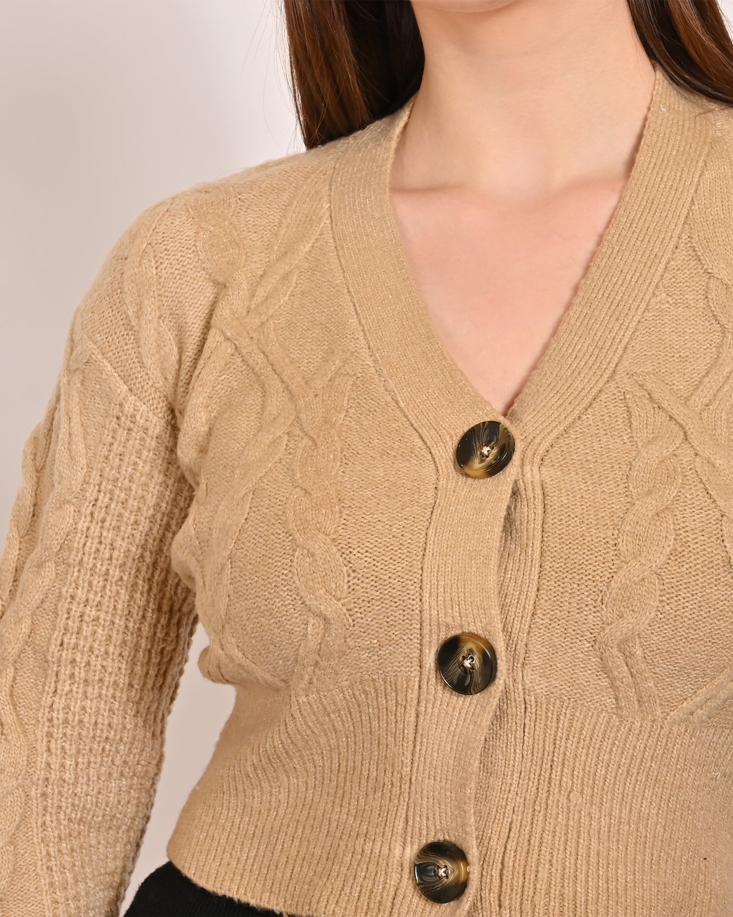 Acrylic Full Sleeve with V-Neck Short Rib-Knit Brown Cardigan