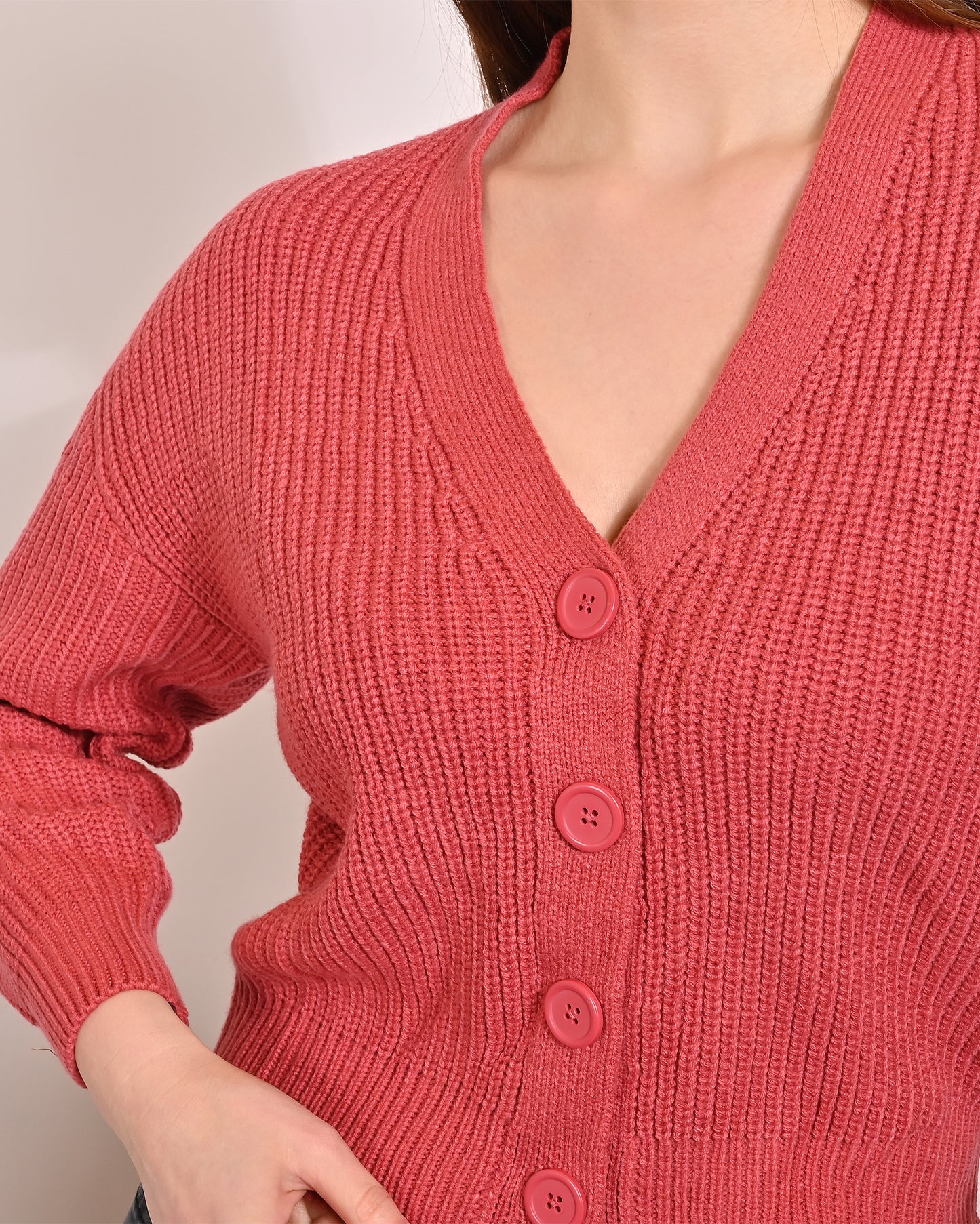 Acrylic Full Sleeve with V-Neck Short Ribbed Red Cardigan