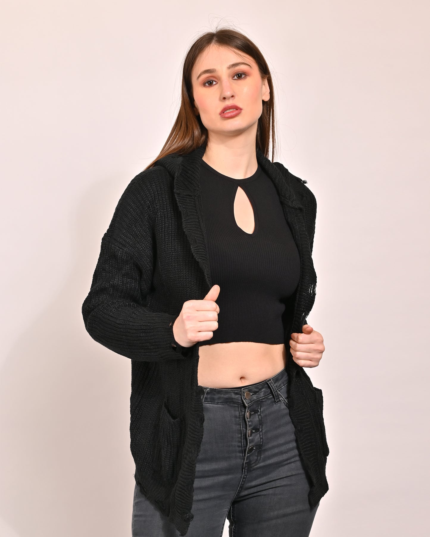 Viscose Full Sleeves Hooded with Front Open and Two Pockets Black Shrug