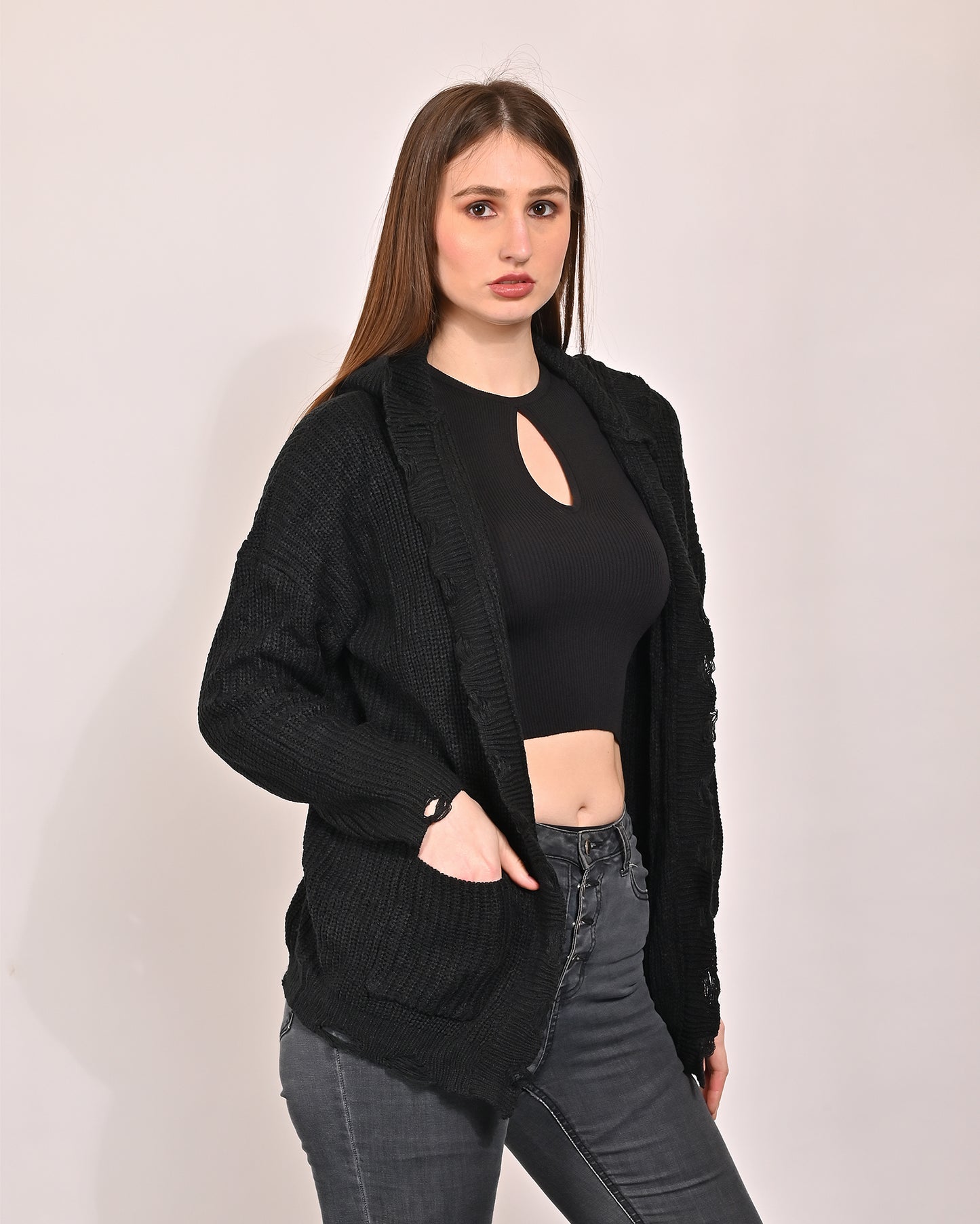 Viscose Full Sleeves Hooded with Front Open and Two Pockets Black Shrug