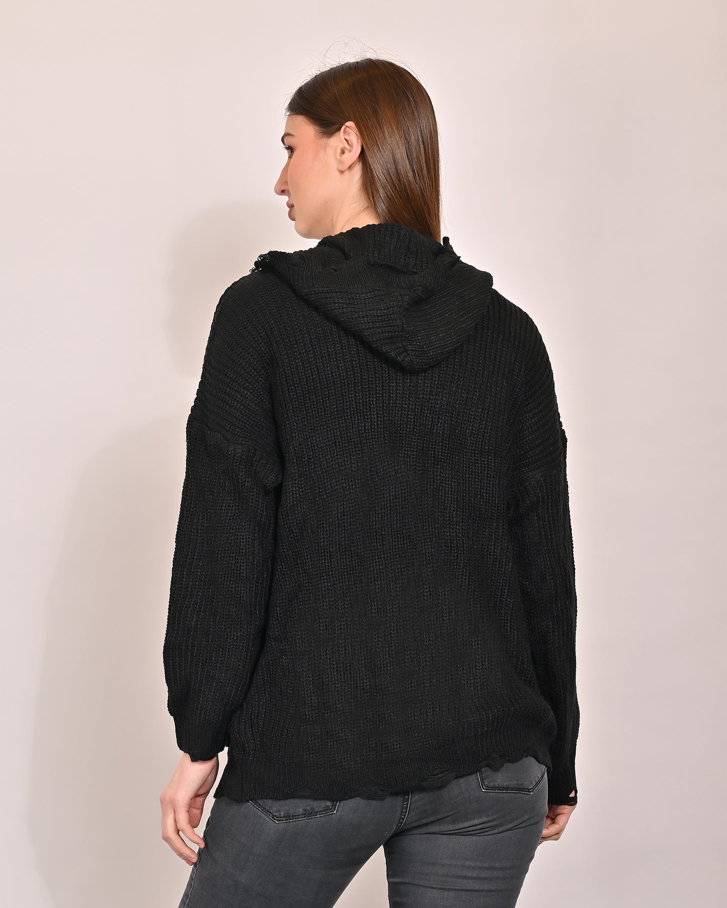 Viscose Full Sleeves Hooded with Front Open and Two Pockets Black Shrug