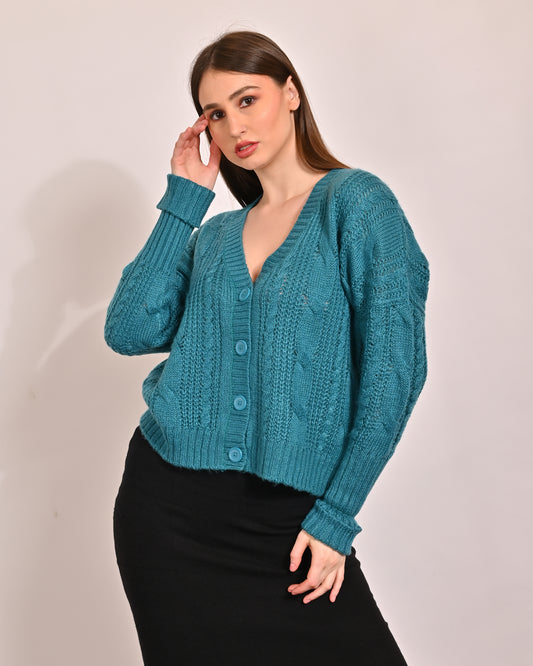 Acrylic Full Sleeve with V-Neck Turquoise Cardigan