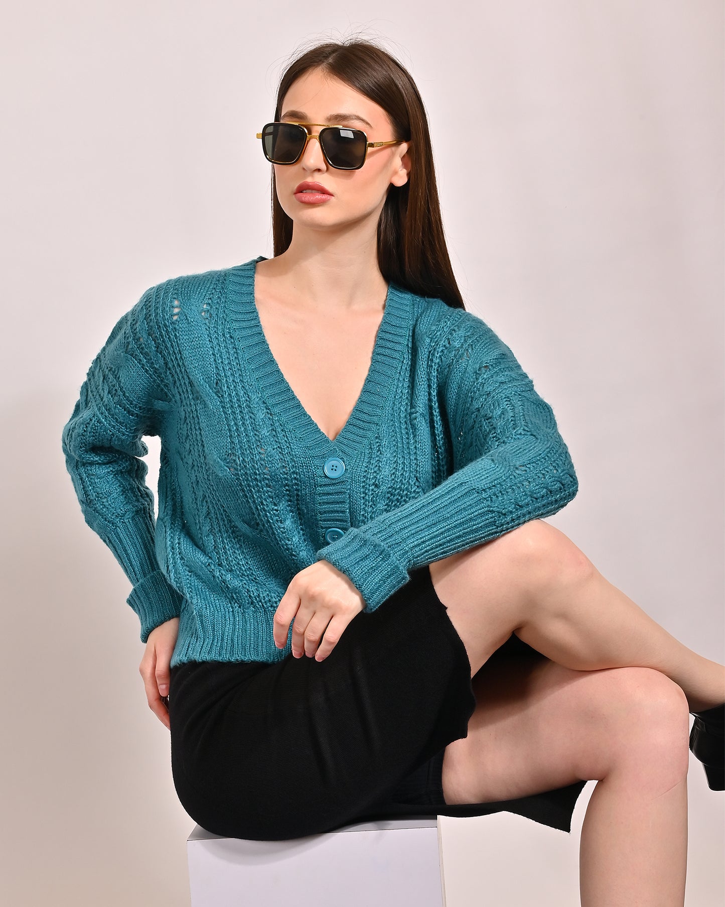 Acrylic Full Sleeve with V-Neck Turquoise Cardigan