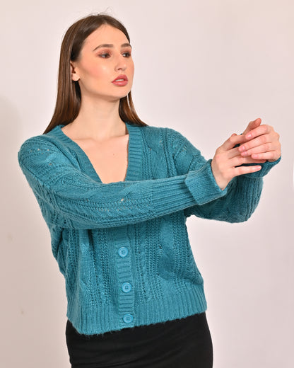 Acrylic Full Sleeve with V-Neck Turquoise Cardigan