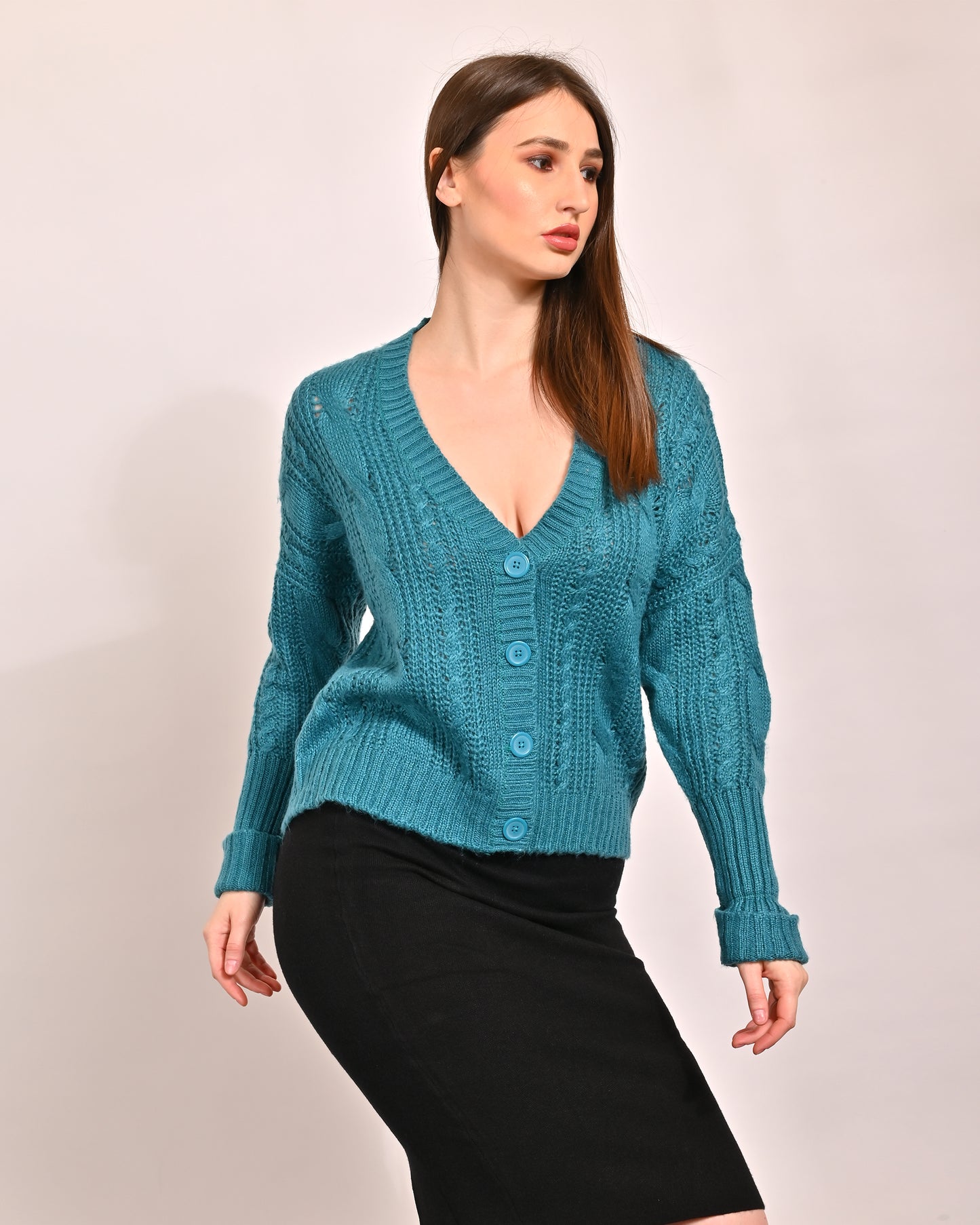 Acrylic Full Sleeve with V-Neck Turquoise Cardigan