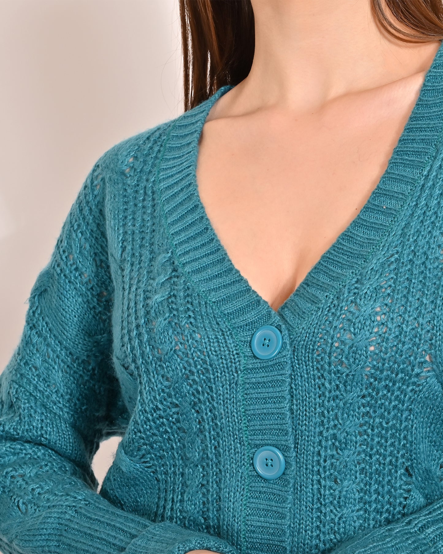 Acrylic Full Sleeve with V-Neck Turquoise Cardigan