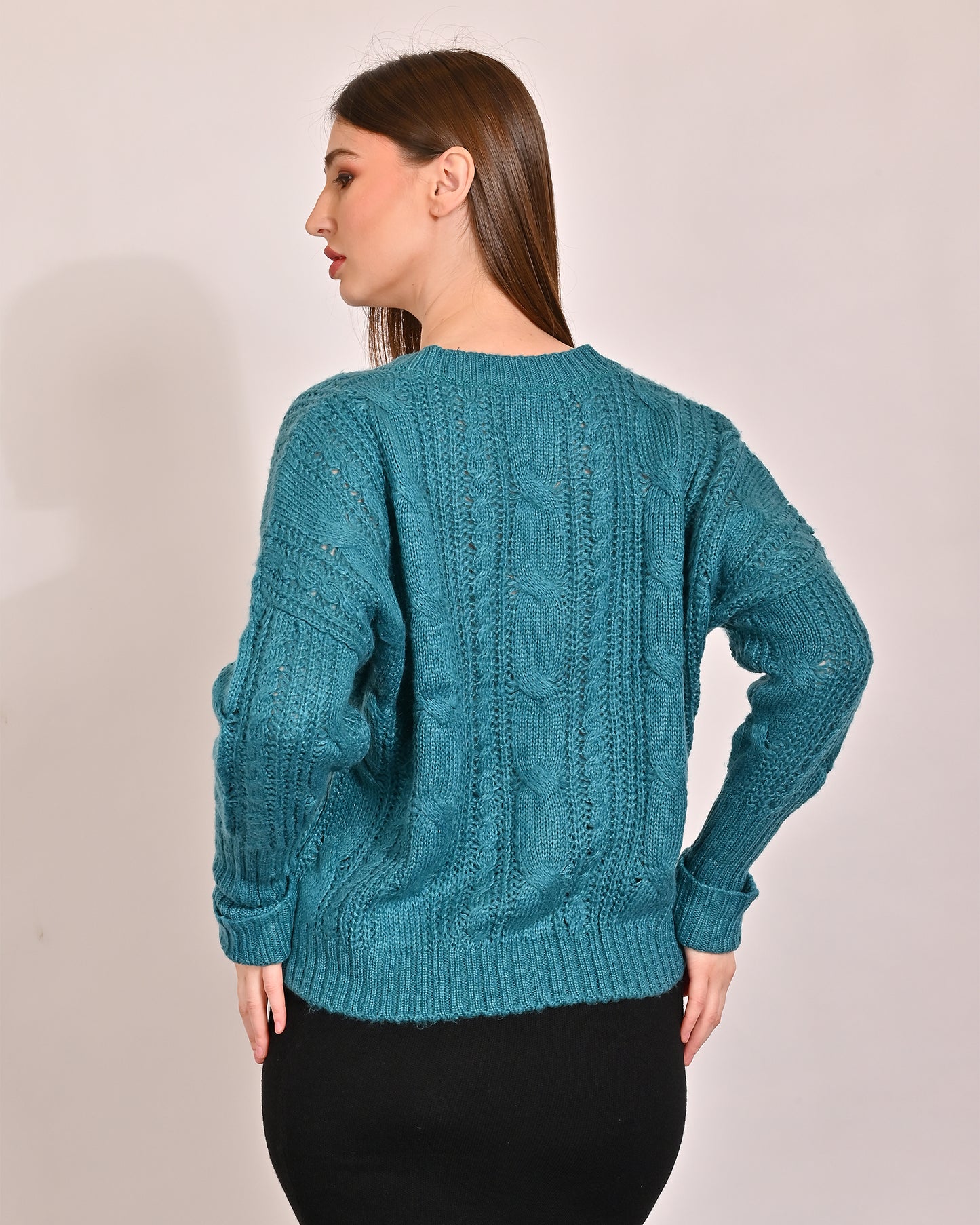 Acrylic Full Sleeve with V-Neck Turquoise Cardigan