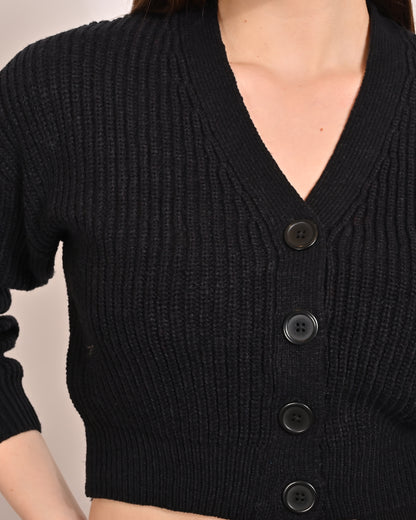 Acrylic Full Sleeve with V-Neck Short Ribbed Black cardigan