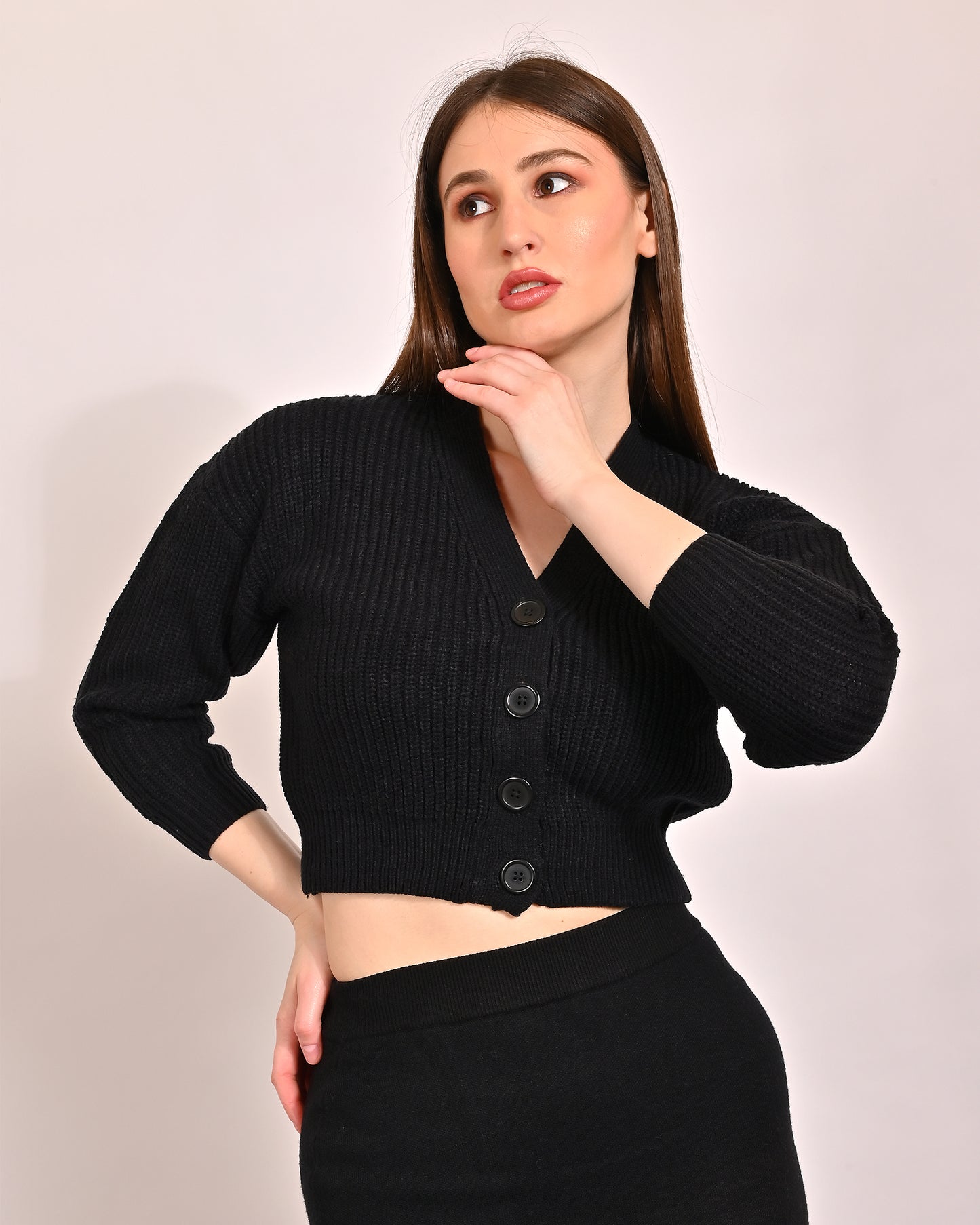 Acrylic Full Sleeve with V-Neck Short Ribbed Black cardigan