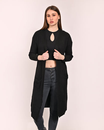 Polyester Full Sleeve with Front Open Logline Two Pockets Black Shrug