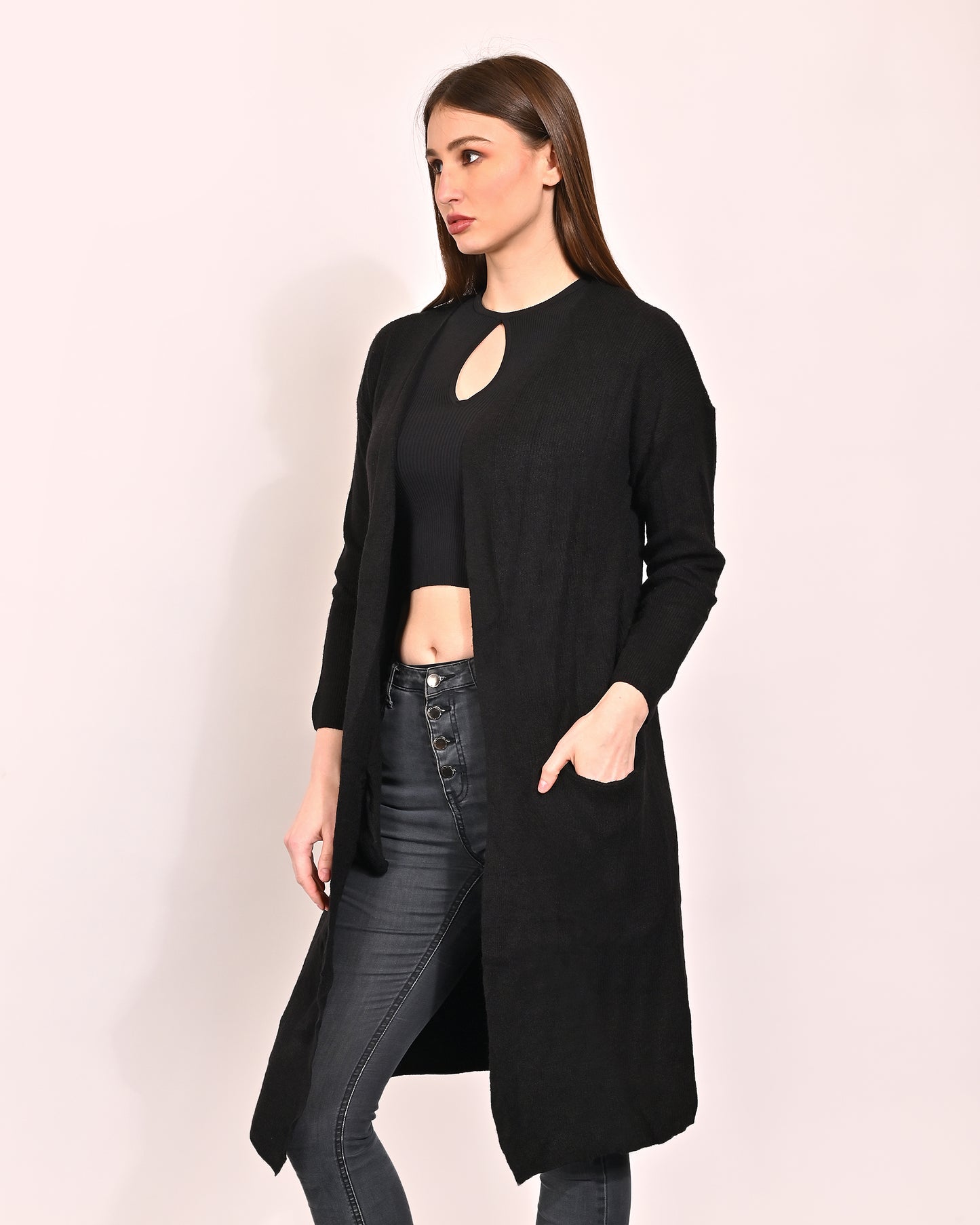 Polyester Full Sleeve with Front Open Logline Two Pockets Black Shrug